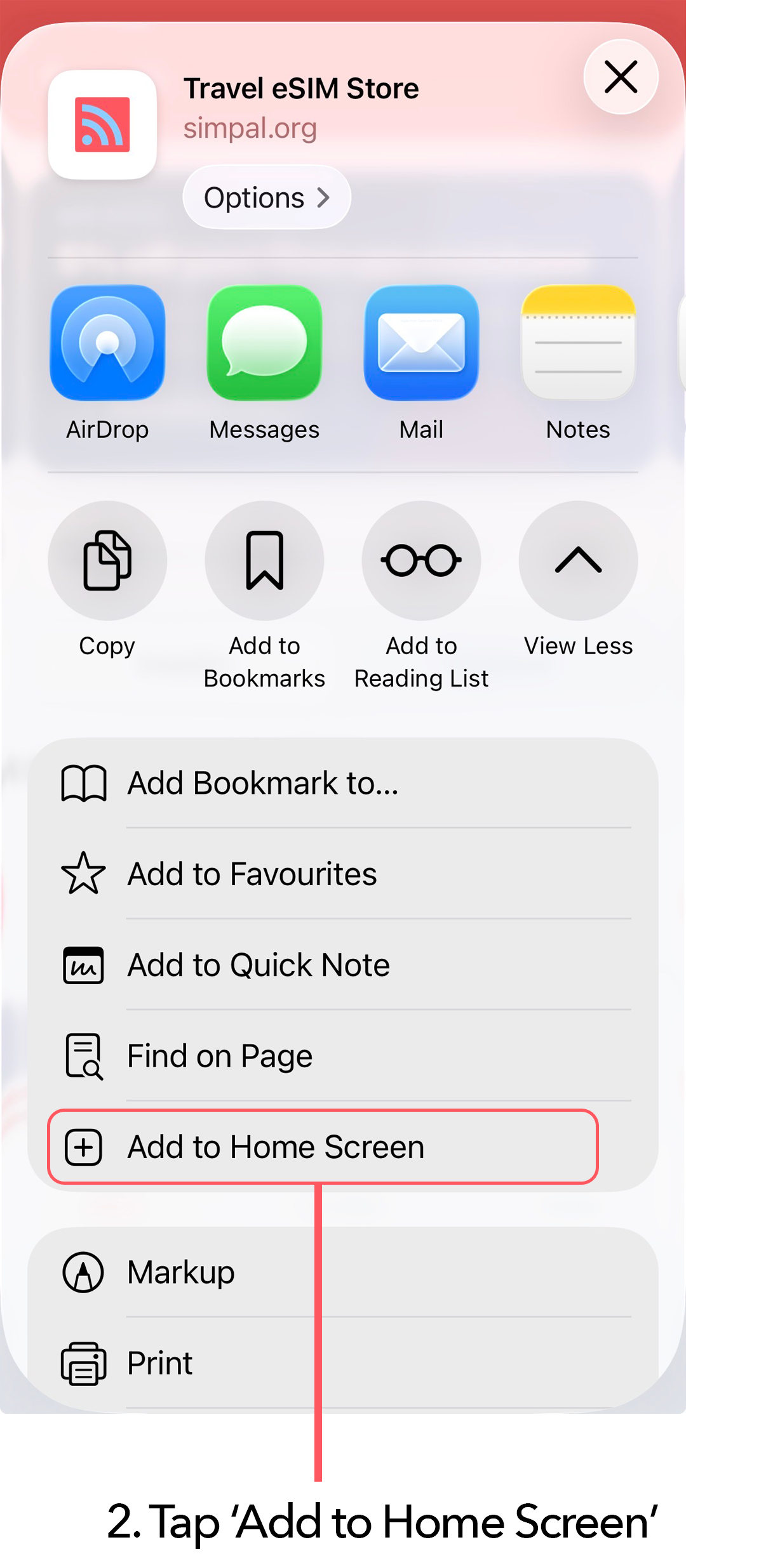 iPhone share sheet showing Add to Home Screen highlighted