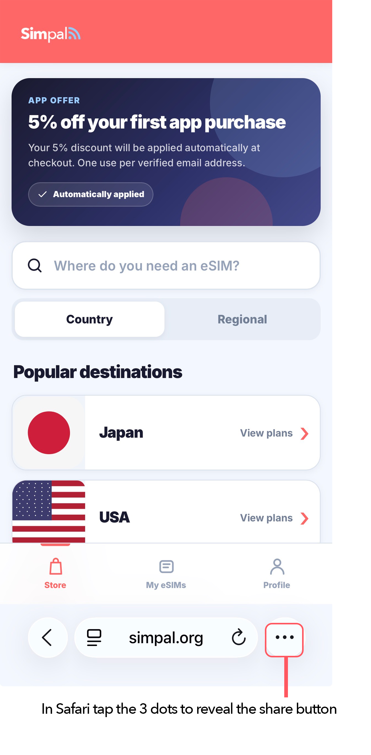 Safari on iPhone showing the three-dot menu highlighted