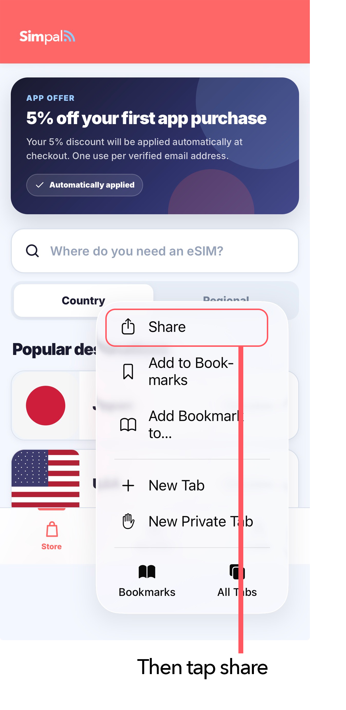Safari menu showing Share highlighted