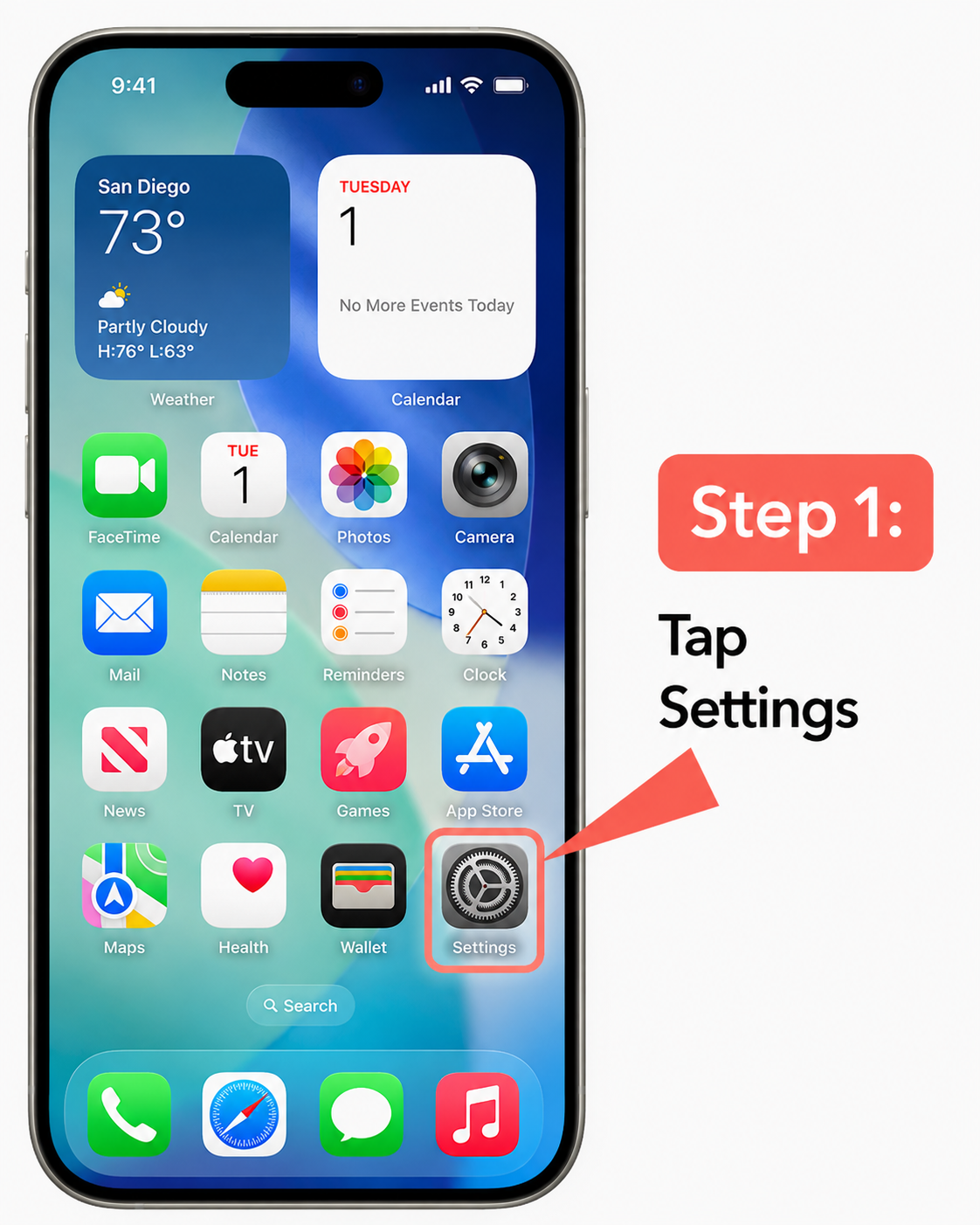 Step 1 showing the Settings icon highlighted on an iPhone home screen