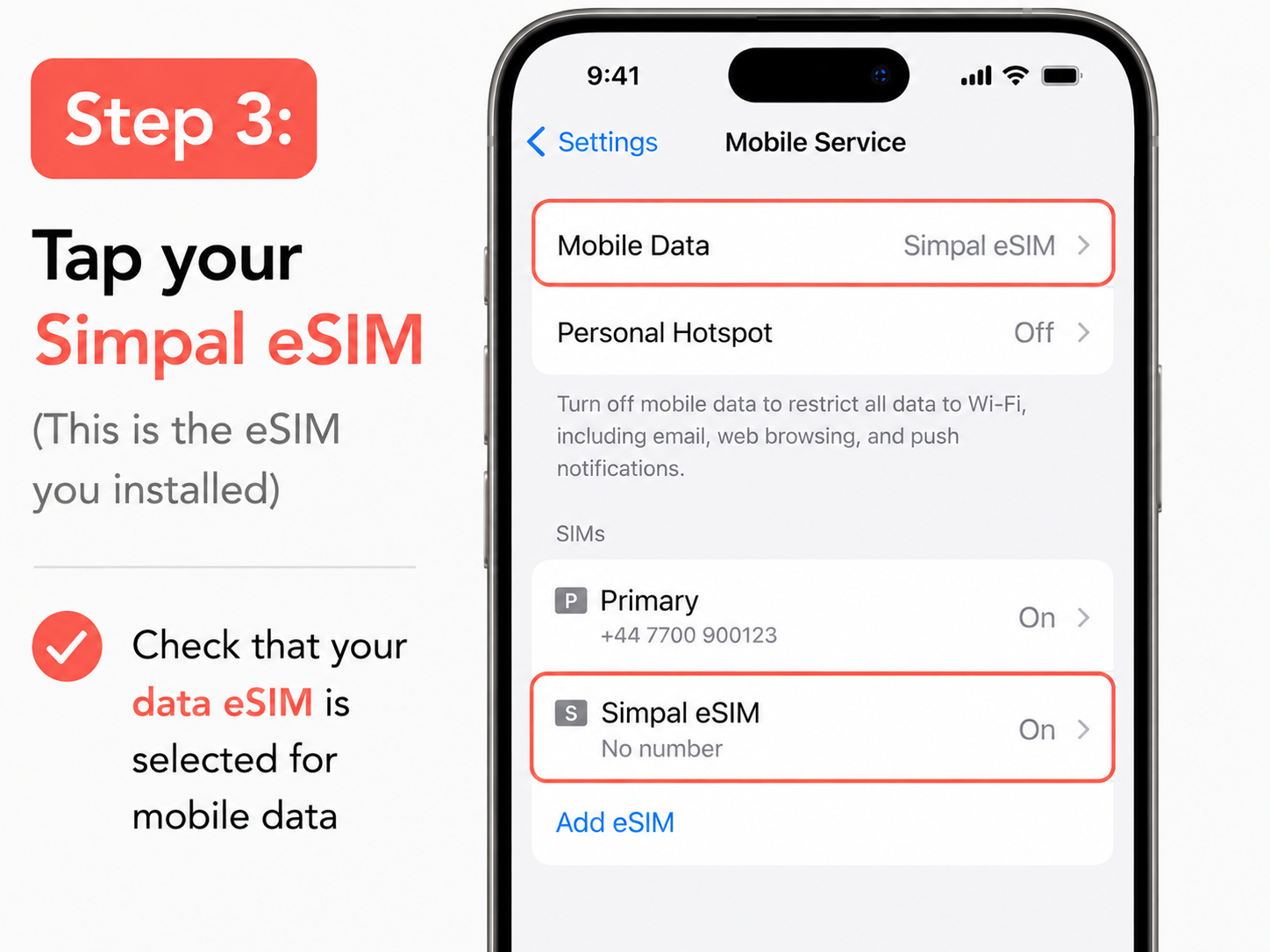 Step 3 showing a Simpal travel eSIM selected under SIMs and Mobile Data on iPhone