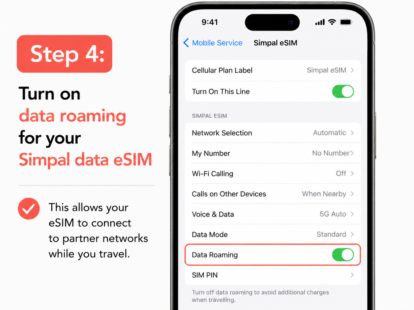 Step 4 showing the Data Roaming switch enabled for a Simpal eSIM on iPhone